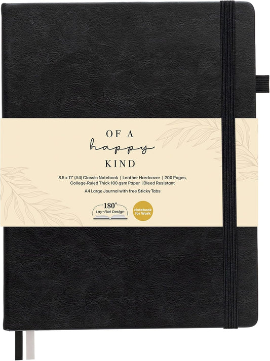 Classic Lined Journal Notebook 8.5x11" A4 Hardcover Leather - Black - 200 Pages College Ruled Large with Sticky Tabs, Pockets, and Pen Loop for Writing and Journaling - Big Hardback Men and Women