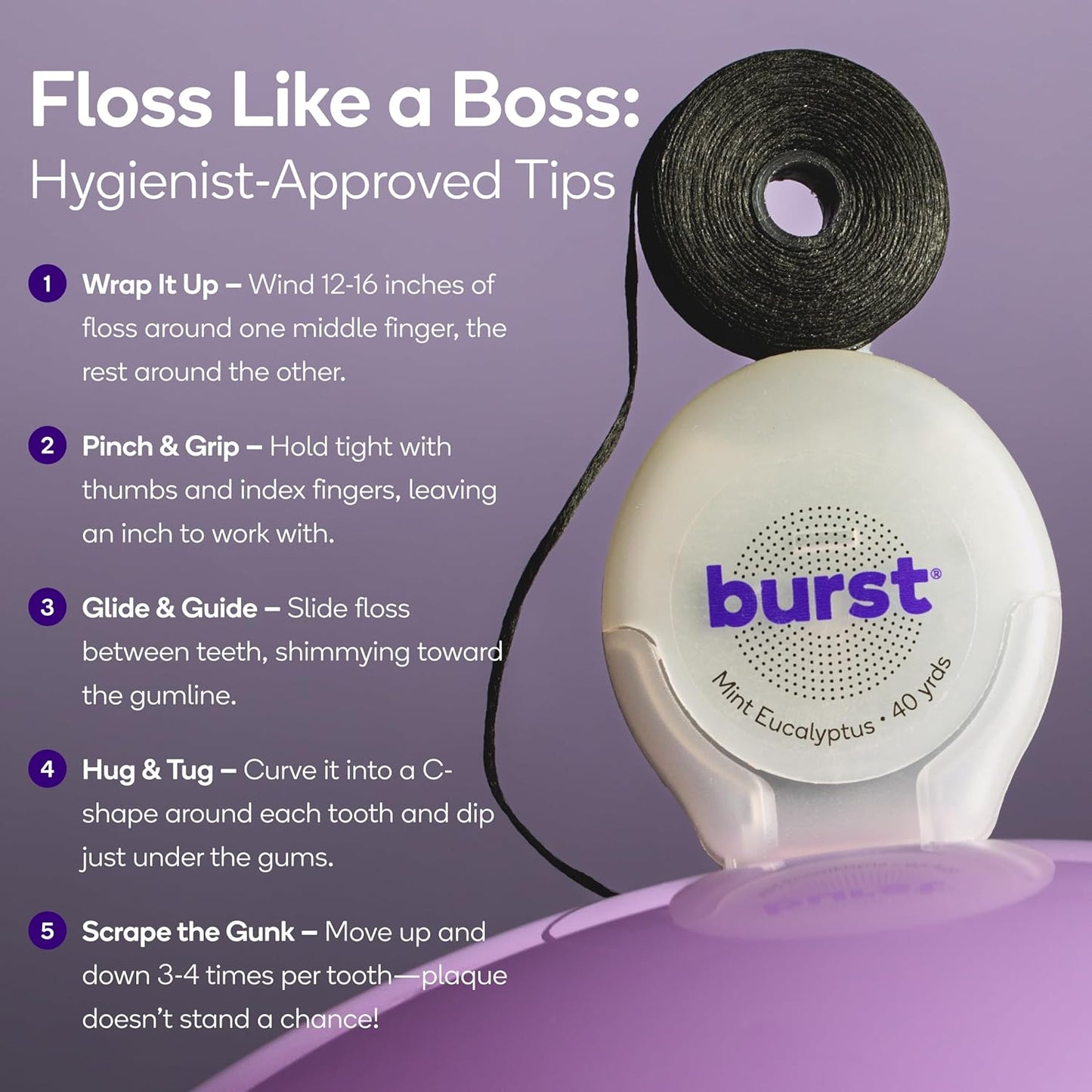 BURST Expanding Dental Floss (Mint Eucalyptus/120 Yards) | Stain Absorbing & Woven with Xylitol Coating to Fight Cavities | Vegan | Paraben Free