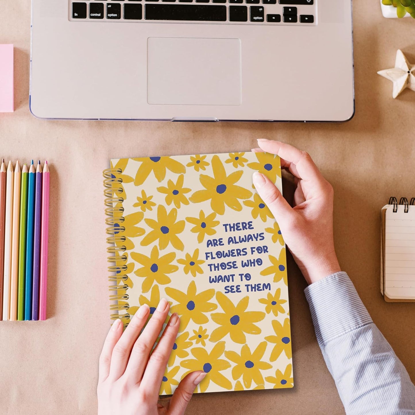 Inspirational Yellow Floral Spiral Notebook, Motivational Floral Journaling Notebooks for Note Taking, Flower Hardcover Journals for Women 160 Pages 5.5x8.3 Inch, Mental Health Gifts for Women