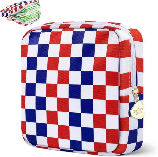 Desing Wish Period Bag Pouch Soft Cloth Sanitary Napkin Storage Bag Portable Menstrual Pad Pouches Tampon Holder for Purse First Period Kit for Girls 9-12 (Red-Blue Check)