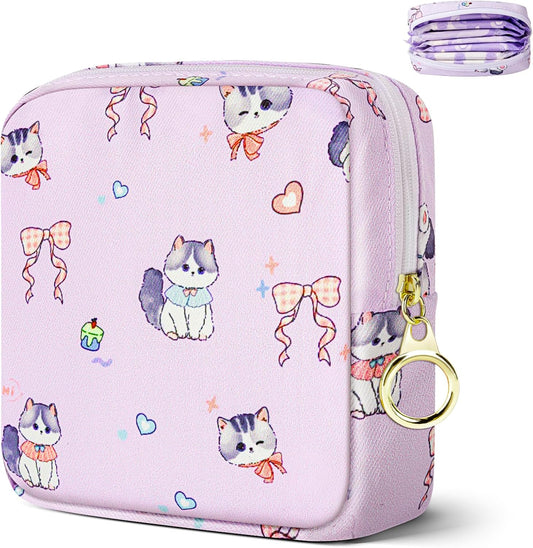 Tampon Holder for Purse, Canvas Period Bag Sanitary Napkin Storage Bag for Girls Womens, Portable Feminine Emergency Pad Period Pouch(Bow-Tie Wink Cat)