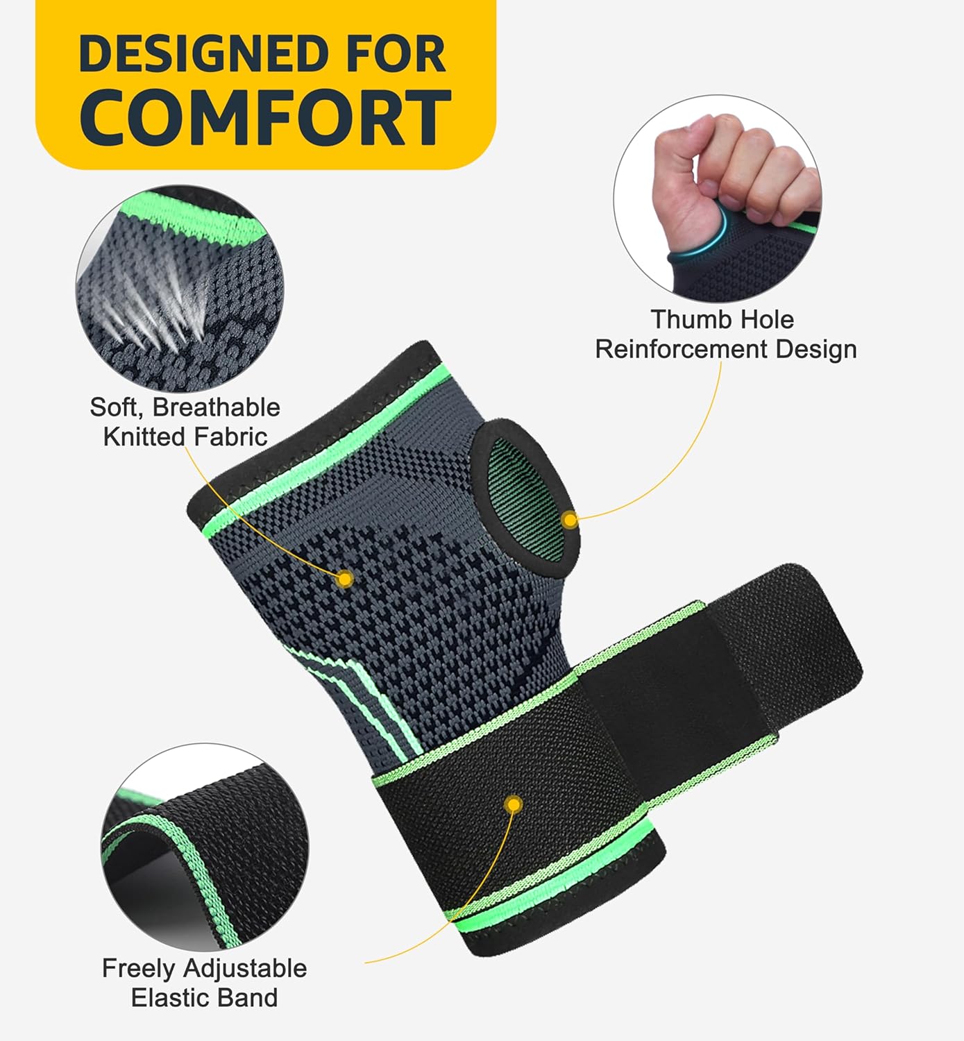 HiRui 2-Pack Wrist Brace Wrist Wraps, Hand Compression Sleeves with Wrist Straps Support for Fitness Weightlifting MTB Tendonitis Carpal Tunnel Arthritis Pain Relief (Green, Large)