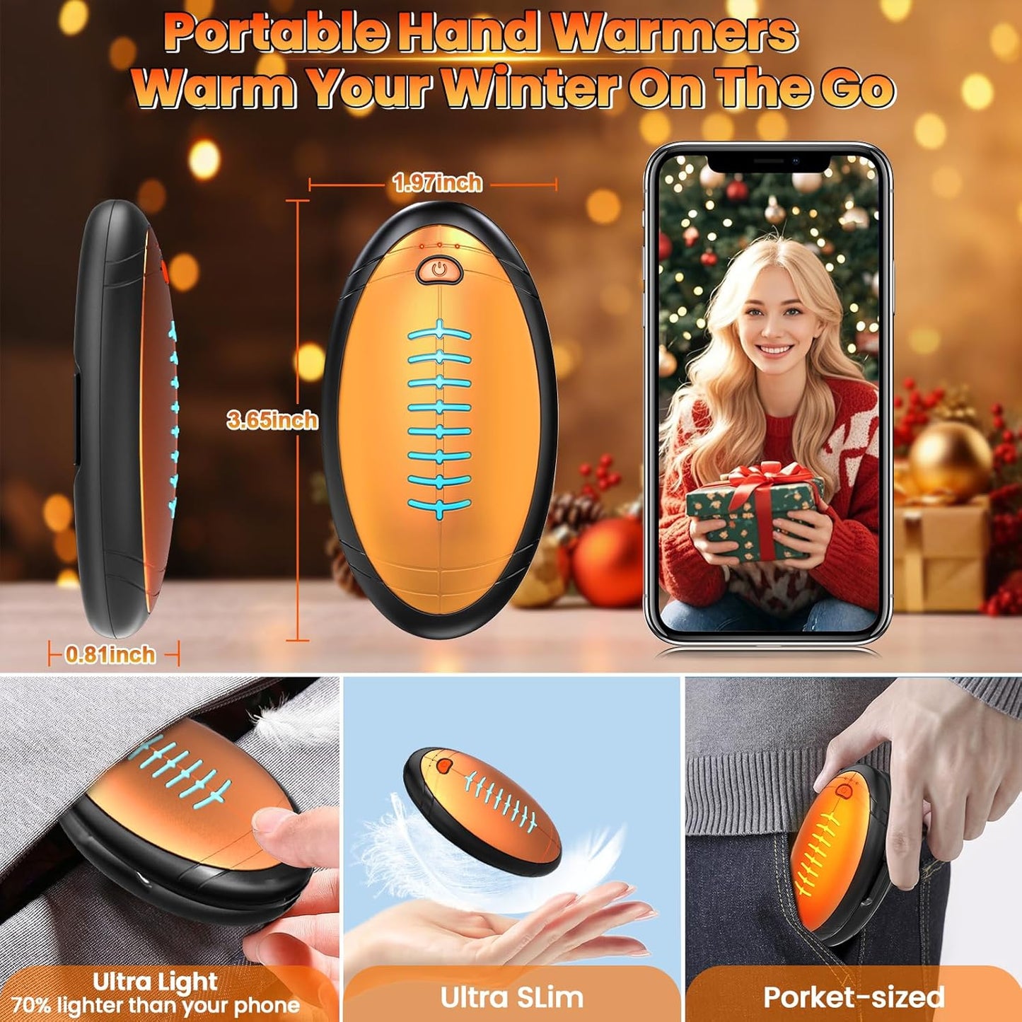 Hand Warmers Rechargeable, 2 Pack Temperature Electric Heater Football Shape Hand Warmer, Quick Charge Portable Hand Warmer Gift for Christmas Outdoors, Hunting, Golf, Camping
