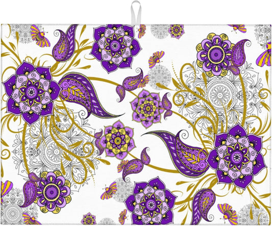Purple Flower Kitchen Drying Mat Boho Floral Microfiber Dish Drainer Mat for Kitchen Counter Absorbent Reusable Washable 18x24 Inch Home Holiday Decor