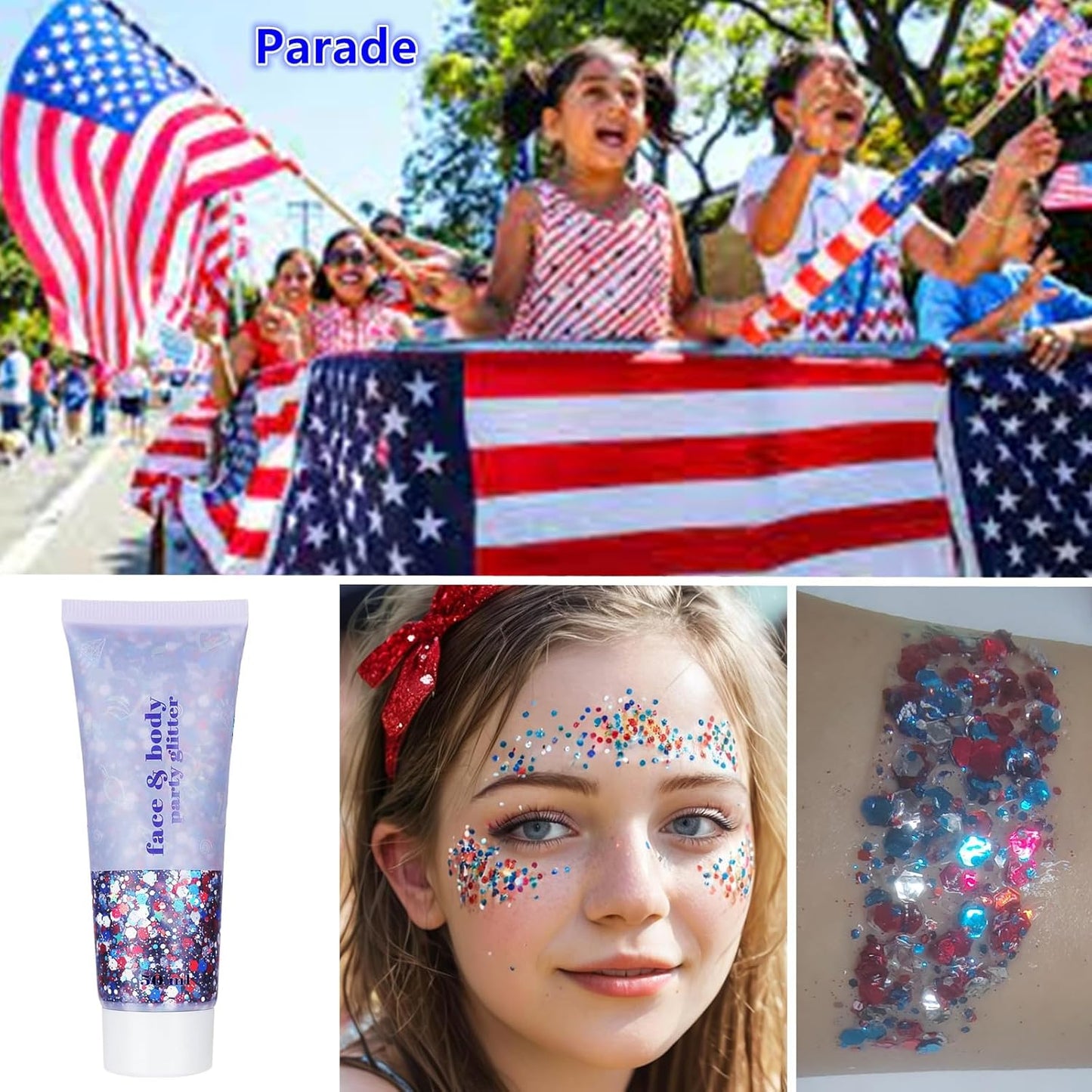 Go Ho Red White and Blue Body Glitter,Patriotic Pride Face Glitter Gel,4th of July Outfits for Women Reflective Glitters Makeup,Holographic Long Lasting Chunky Sequins,Fourth of July USA Accessories