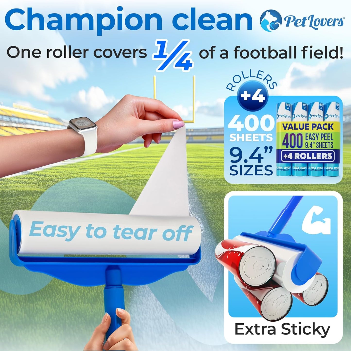 PetLovers Large Lint Roller with 3 Refills – 400 Total Sheets for Tackling Pet Hair, Extra Large Floor and Carpet Roller for Homes with Pets, Perfect for Floors, Furniture, and Loving Pet Owners