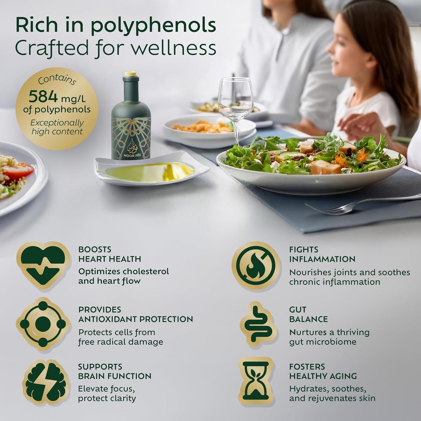 NOOR FÈS 20+ Awards EVOO | Polyphenol Rich 584 mg/kg | USDA Organic Extra Virgin Olive Oil | Moroccan Picholine | Cold Pressed Olive Oil | Great Gift for Chefs | 17 Oz