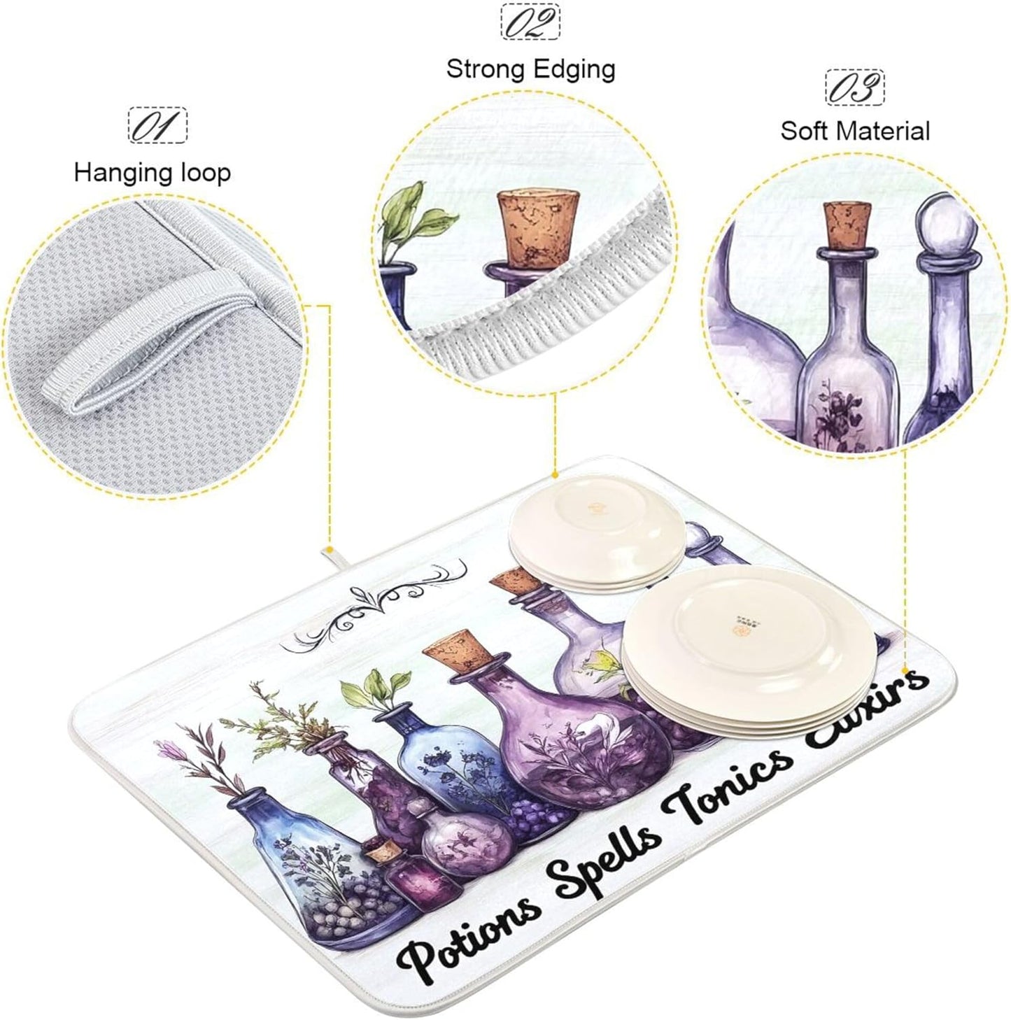 Halloween Potions Dish Drying Mat for Kitchen Countertop 18x24 Witch Herbs Purple Spooky Large Drying Mat Reusable Quick Dry Dish Sink Mats Easy Clean Decorative Essentials