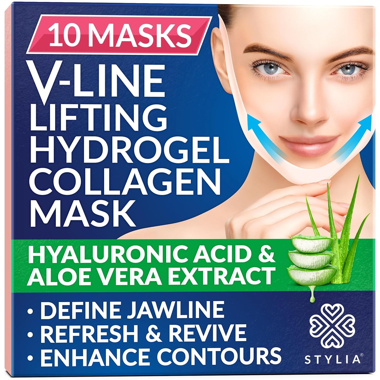 STYLIA V Line Lifting Collagen Face Mask - Double Chin Strap for Women - Jawline Shaper Face Lift Tape - Neck Lift Collagen Mask - Chin Strap for Sleeping - Hyaluronic Acid, Aloe Vera, Cica 10PC