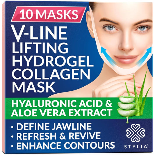 STYLIA V Line Lifting Collagen Face Mask - Double Chin Strap for Women - Jawline Shaper Face Lift Tape - Neck Lift Collagen Mask - Chin Strap for Sleeping - Hyaluronic Acid, Aloe Vera, Cica 10PC