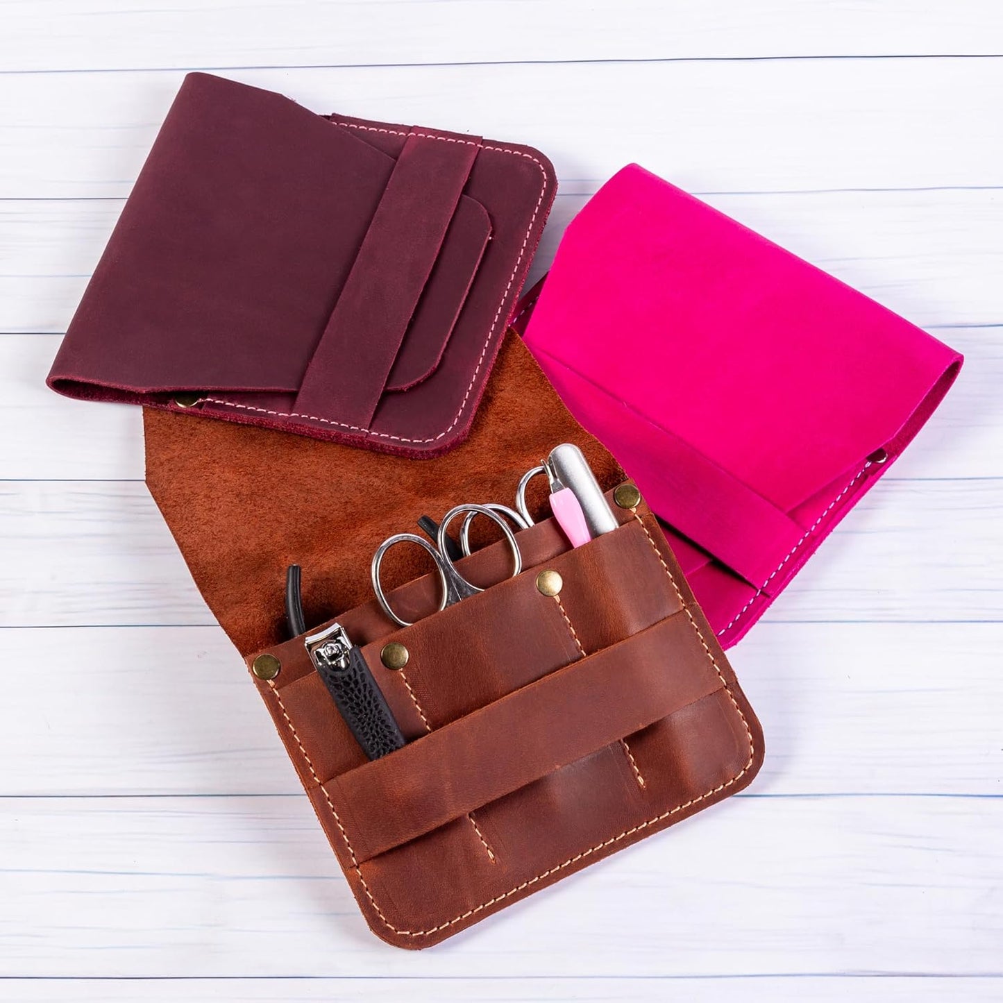 Leather Manicure Set Case Grooming Kit Organizer (Burgundy)