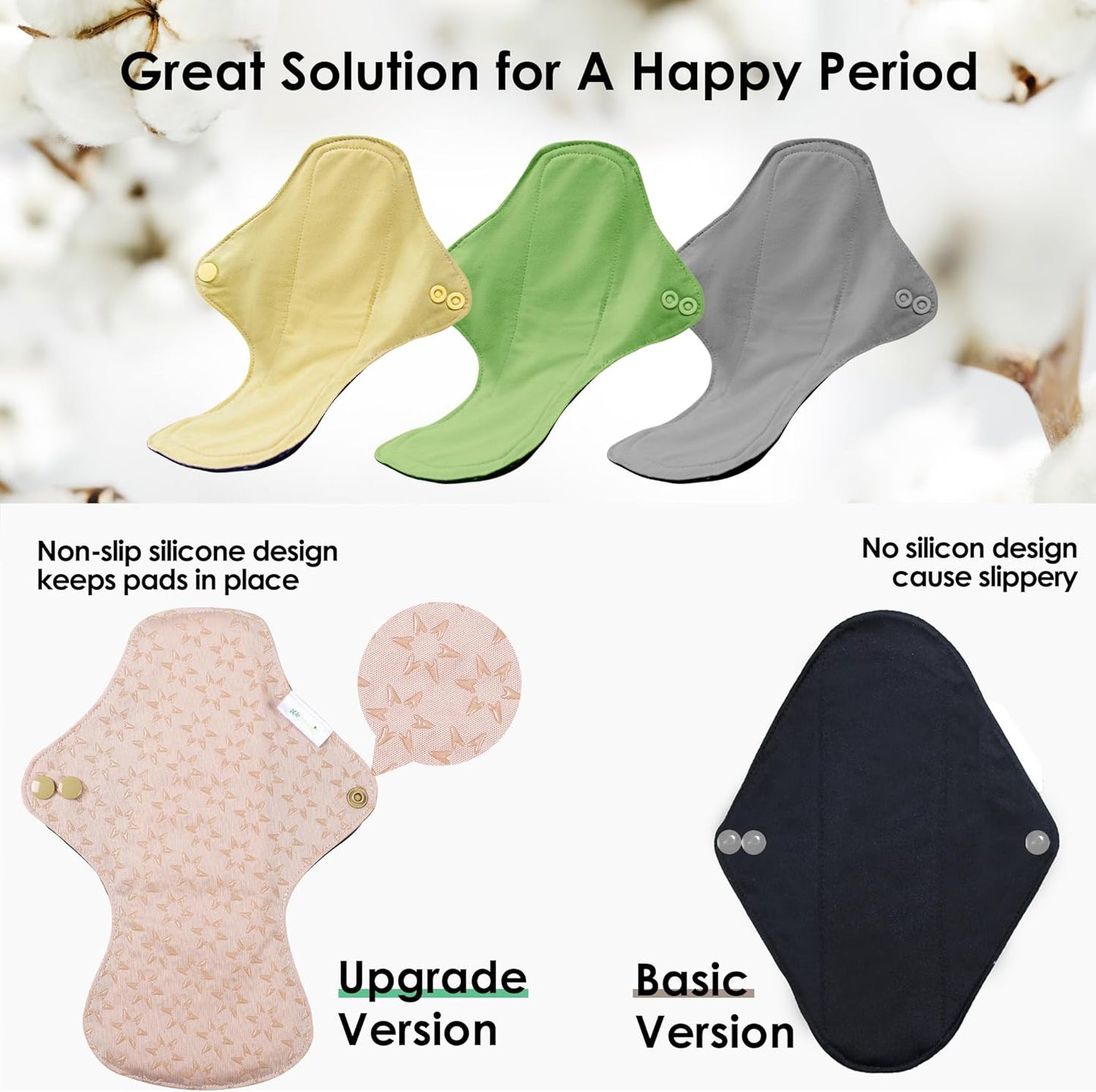 wegreeco 6 Pcs Reusable Menstrual Pads, Ultra Absorbent Cloth Pads for Heavy Flow, Sanitary for Teens,Women, Nonslip, Inner Mustard Yellow, Grey, Beige, Rose Gold Outer, XL