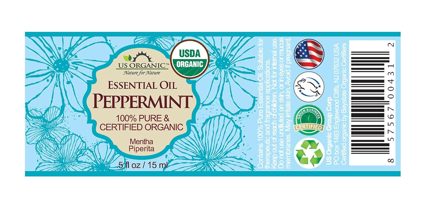 US Organic 100% Pure Peppermint Essential Oil - USDA Certified Organic - 15 ml Pack of 2 - w/Improved caps and droppers (More Size Variations Available)