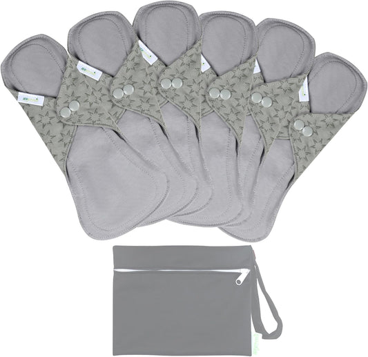 wegreeco 6 Pcs Reusable Menstrual Pads, Ultra Absorbent Cloth Pads for Heavy Flow, Sanitary for Teens, Women, Nonslip, Grey Inner, Grey Outer, X-Large