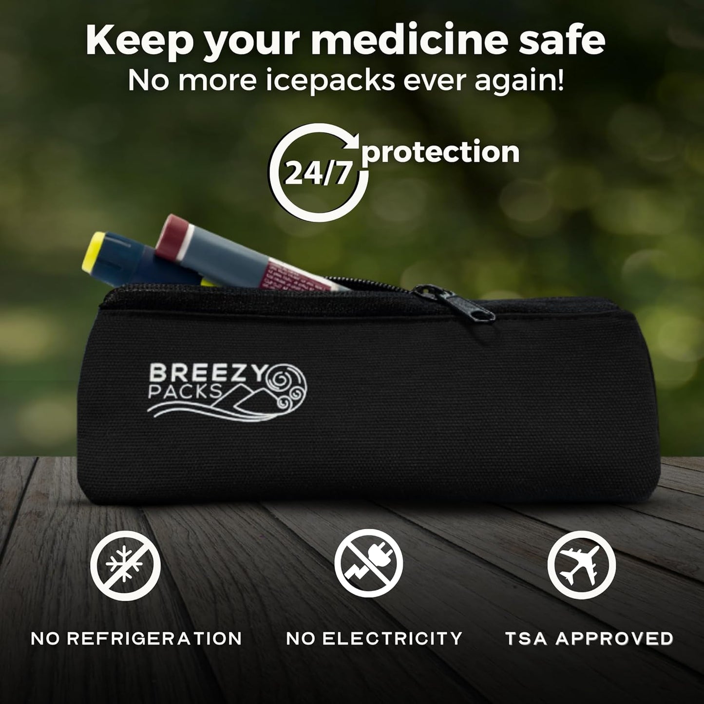 Insulin Pens Cooler Travel Case 24/7 Protection | EpiPen Carry Medical Bag | TSA-Approved Diabetic Case Without Icepacks | Keep medicine at room temp. | Breezy Basic (Black)