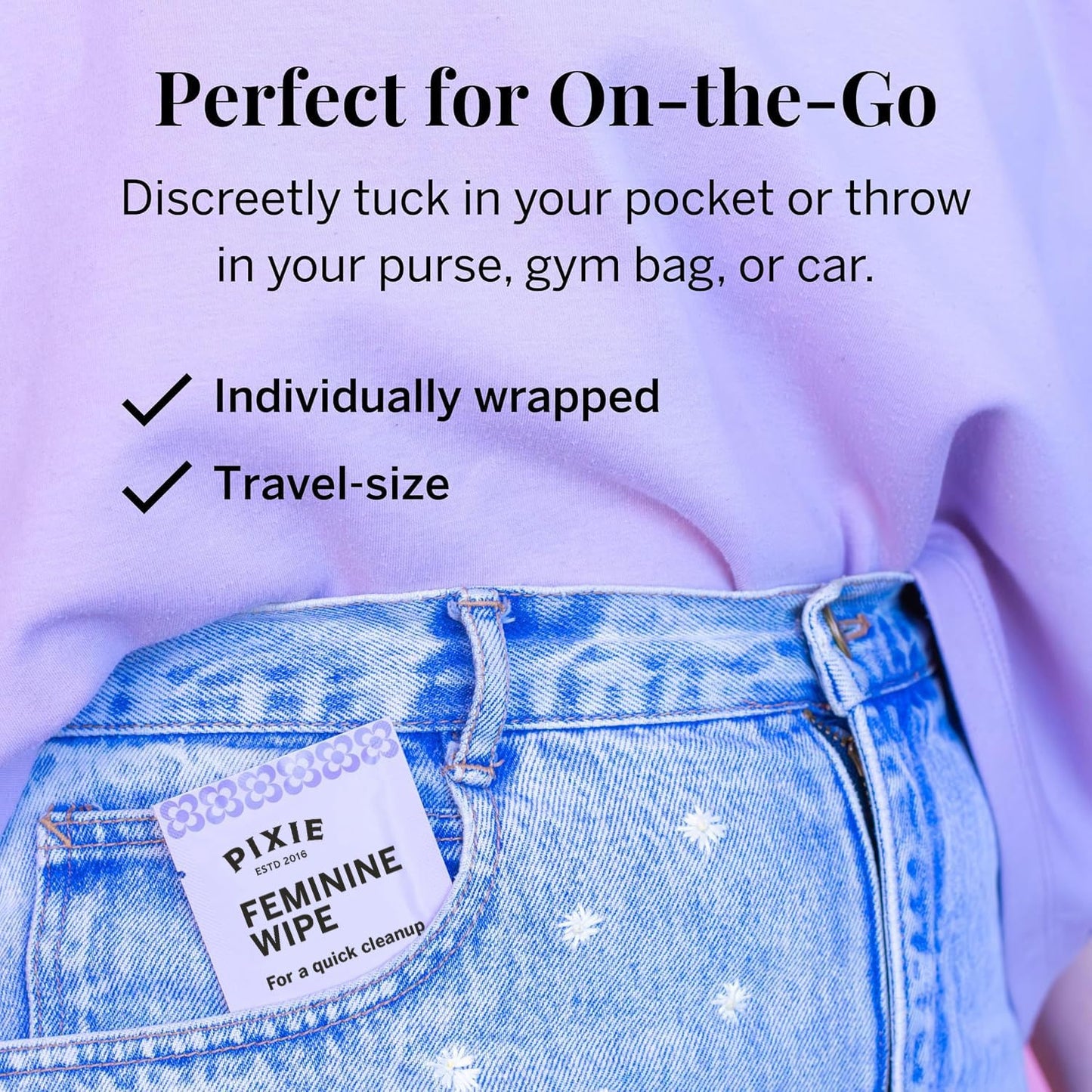 Pixie Feminine Wipes - Flushable, Biodegradable, & Ph Balanced - Best Individually Wrapped Packet Wipes for On The Go & Public Bathrooms - Wash, & Cleaner For Your Menstrual Cups & Discs (20 Count)