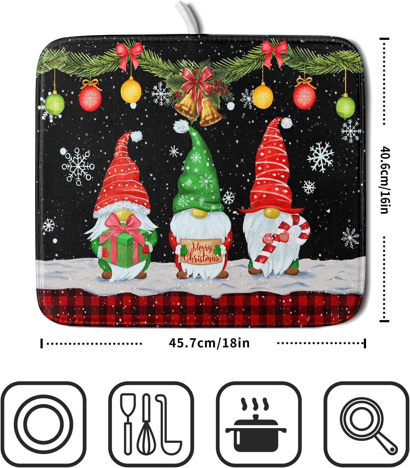 Merry Christmas Dish Drying Mat Black Gnomes Dish Drainer Mats 16x18 Inch Holiday Decorative Absorbent Dishes Pad for Kitchen Counter Sink