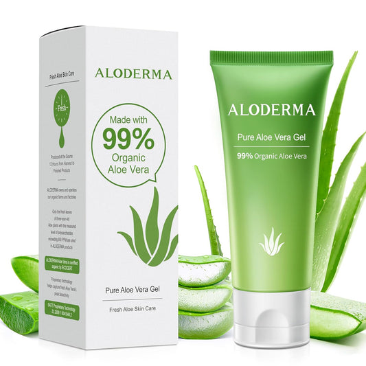 Aloderma 99% Organic Aloe Vera Gel Made within 12 Hours of Harvest, Easy Travel Size Tube for Body, Face, & Scalp, Cooling, Soothing Instant Relief for Skin & Sunburn, Hydrating Aloe Gel, 1.5oz