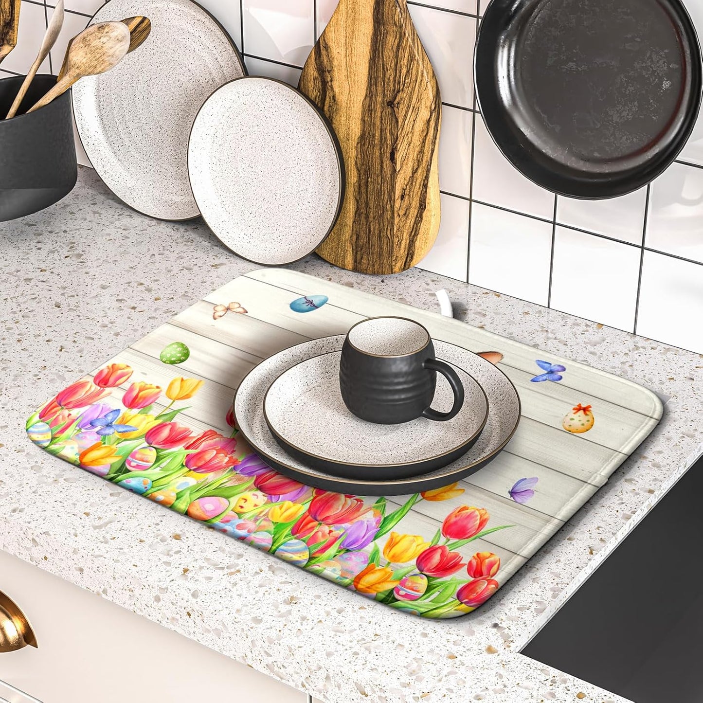 Easter Bunny Dish Drying Mat 16x18 inch Eggs Floral Fast Drying Pad Washable Reversible Microfiber Dish Drainer Mats for Kitchen Counter