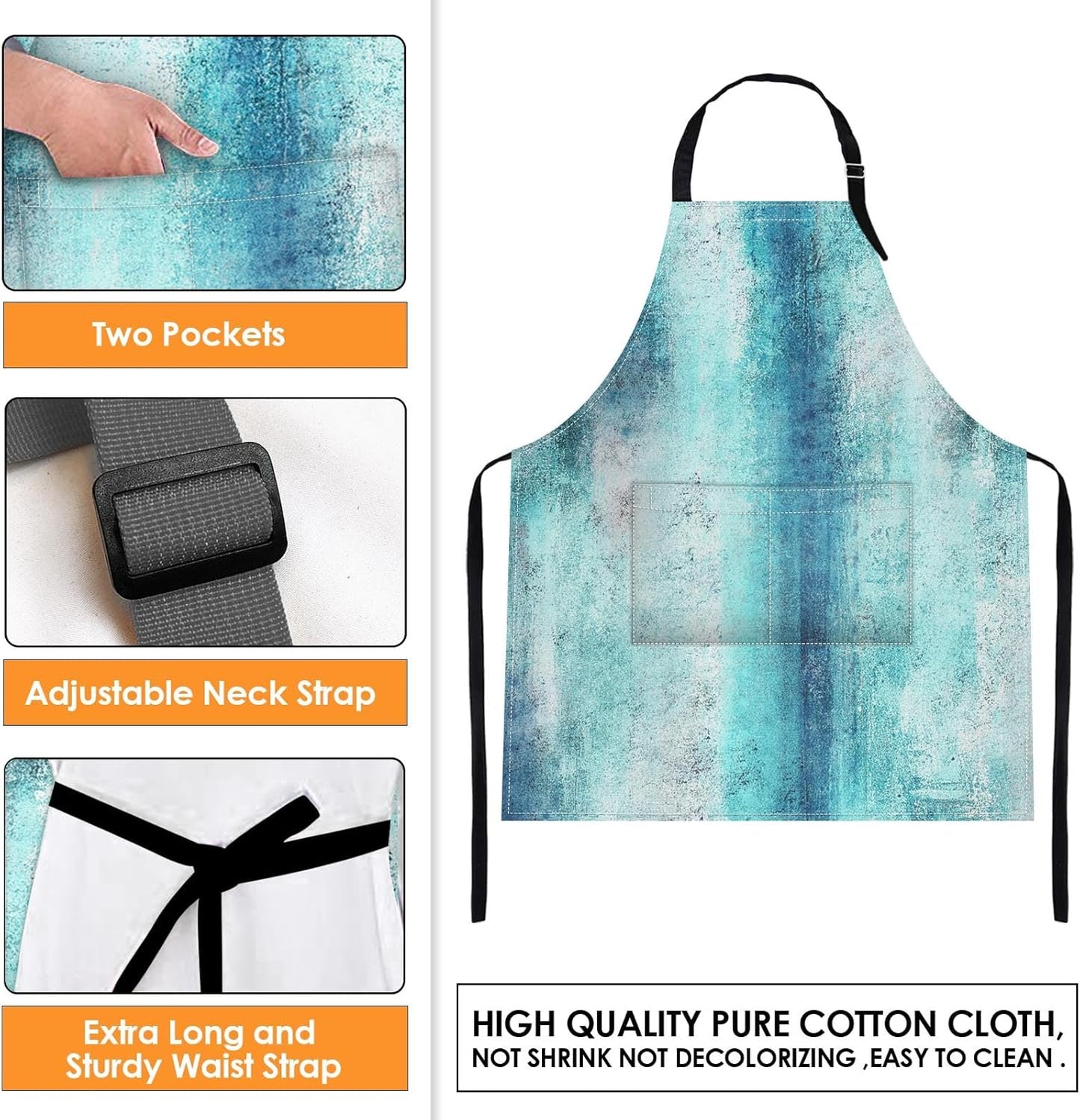 Britimes 2 Pack Aprons, Abstract Oil Paint Adjustable Bib Aprons with 2 Pockets for Women Men Couple Lovers Chef Home Kitchen Cooking Baking Gardening Teal Blue Apron 32x28 Inches