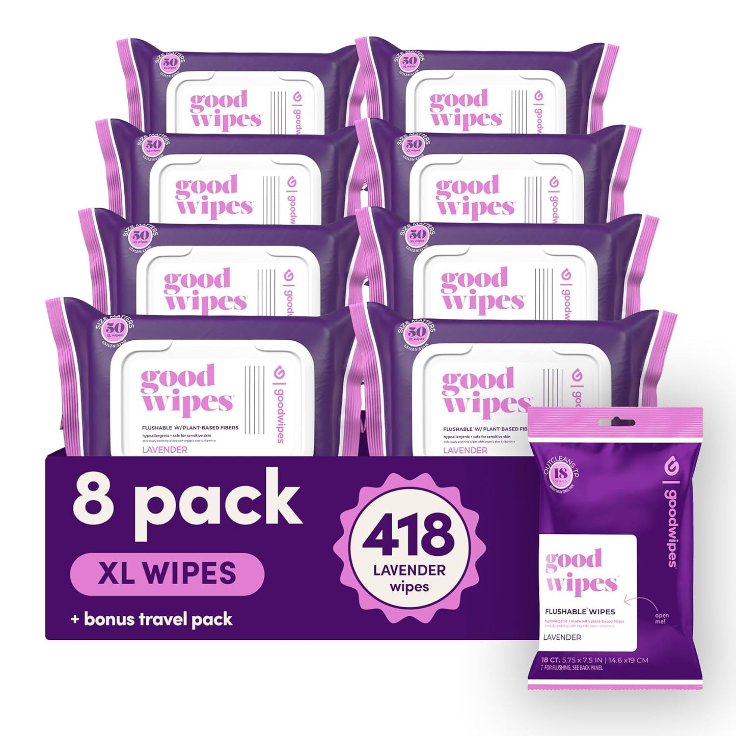 goodwipes Flushable Butt Wipes - Vitamin E & Aloe - Sewer & Septic Safe - Extra Large Adult Wet Wipes For Women & Men - Bathroom Essentials - Lavender, 418 Count (8 Packs + 1 Travel)