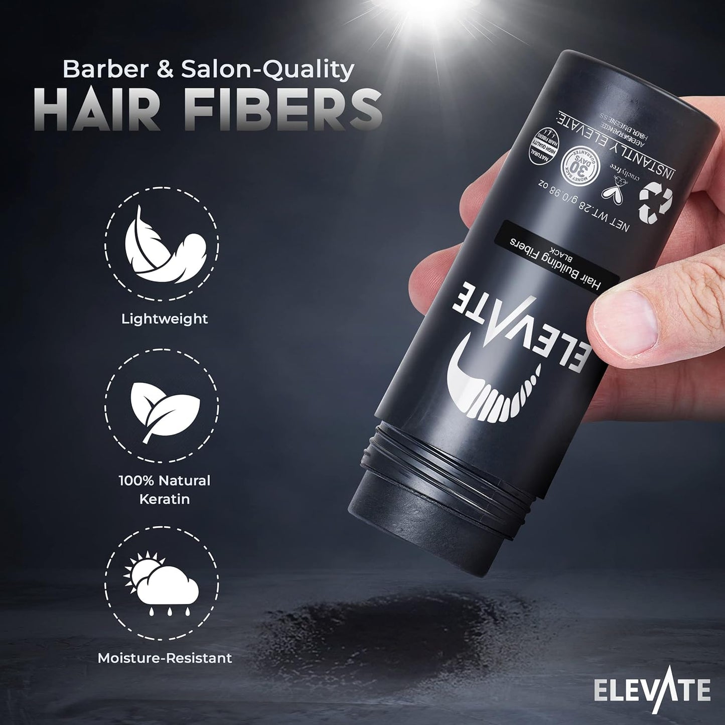 ELEVATE Hair Fibers for Thinning Hair Large Size 40g Bottle - 100% Natural Undetectable Keratin Fibers to Instantly Fill in Thinning Balding Loss Area Fuller in 30 Seconds Men & Women (Black)