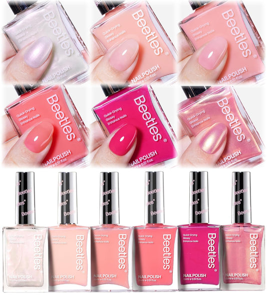 Beetles Nail Polish Set Heartbeat-6 Colors Hot Pink White Jelly Nude Pink Nail Polish Set Shimmer Pearl Quick Dry Finger Nail Polish DIY Nail Art Salon Home Gift for Women & Girls