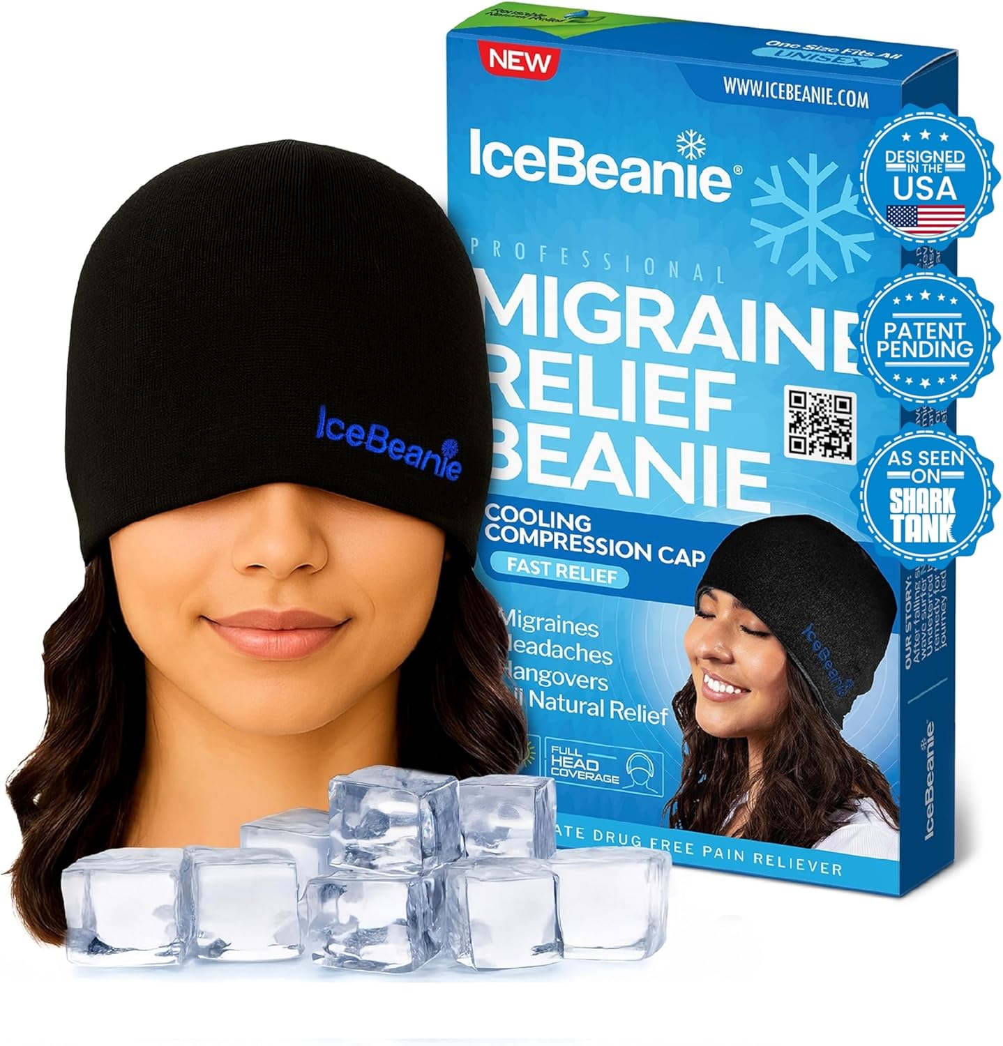 IceBeanie Migraine Relief Cap, As Seen on Shark Tank, Soft & Stretchy Gel Tension Headache Relief Cap, Extended Cooling Hangover Ice Hat, Odorless Head Wrap Ice Pack Wrap, Headache Migraine Mask