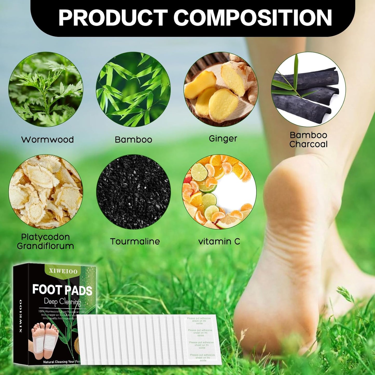 50 Pack Natural Foot Pads Ginger Wormwood Bamboo Vinegar Foot Care Patch Message Deep Cleansing for Stress Relief, Better Rest, Feet Health Patches, Relaxing Muscles Kit