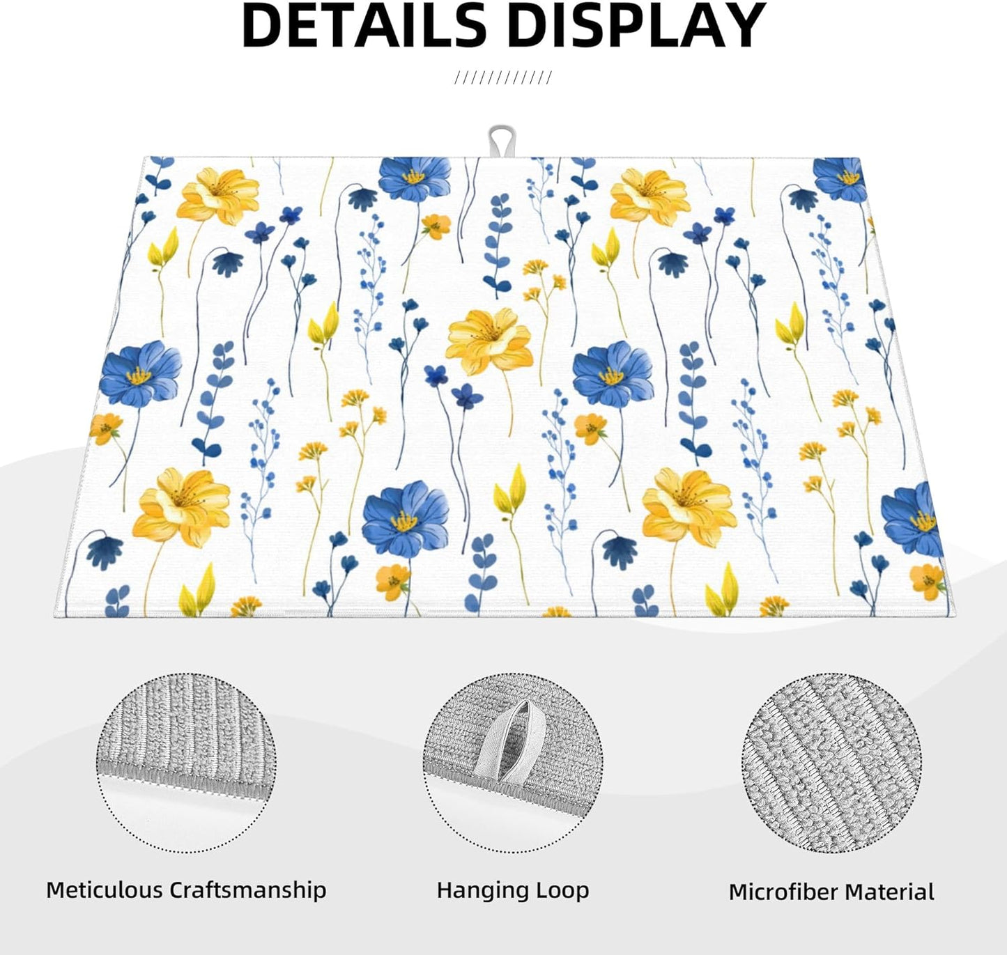 Watercolor Floral Decorative Microfiber Dish Drying Mat for Kitchen Counter 18"x24" Navy Blue Yellow Flower Dishes Pad Dish Drainer Rack Mats Absorbent Washable Reusable