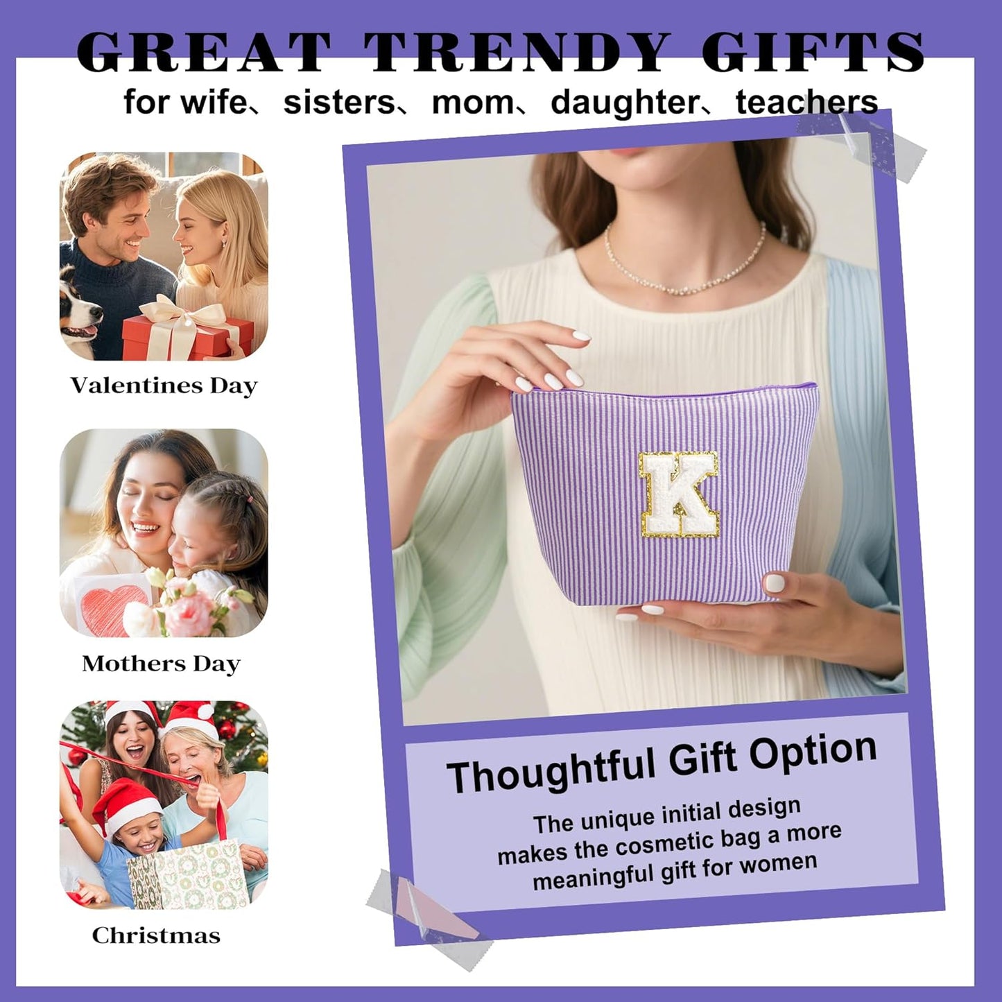 Initial Makeup Bag for Women - Toiletry Bag, Portable Cosmetic Bag Make up Kit Pouch | Travel Essentials Cute Makeup Bag Birthday Gifts for Women, Purple Letter R