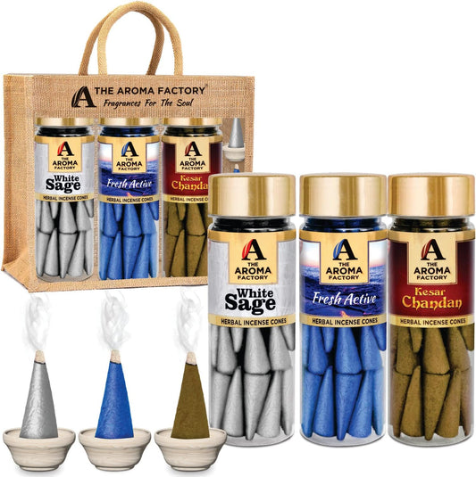 The Aroma Factory Organic Incense Dhoop Cones 3x30 Cones Jute Gift Set with Holder (Exotic Healing)