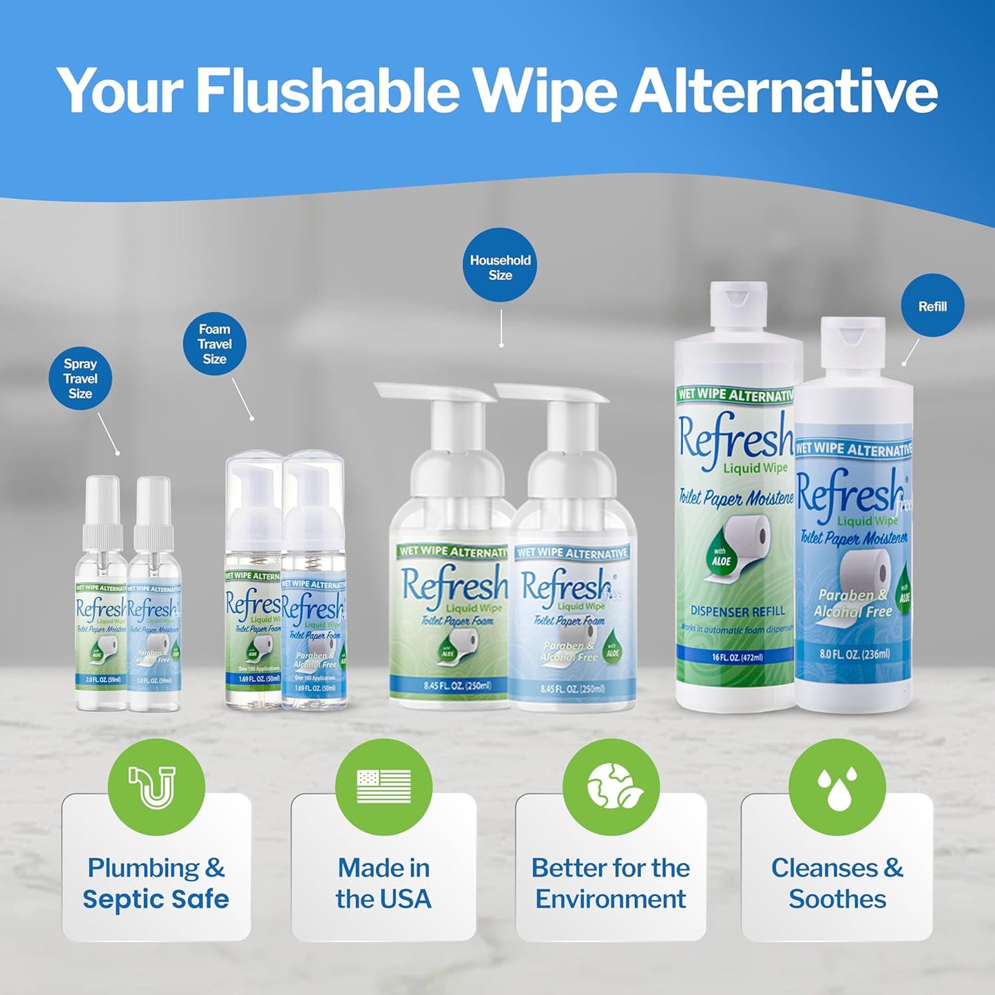 Refresh Liquid Wipe: Toilet Paper Foam Dispenser Refill. Eco-Friendly Flushable Wet Wipe Alternative with Witch Hazel and Aloe. 8 oz Refill.…