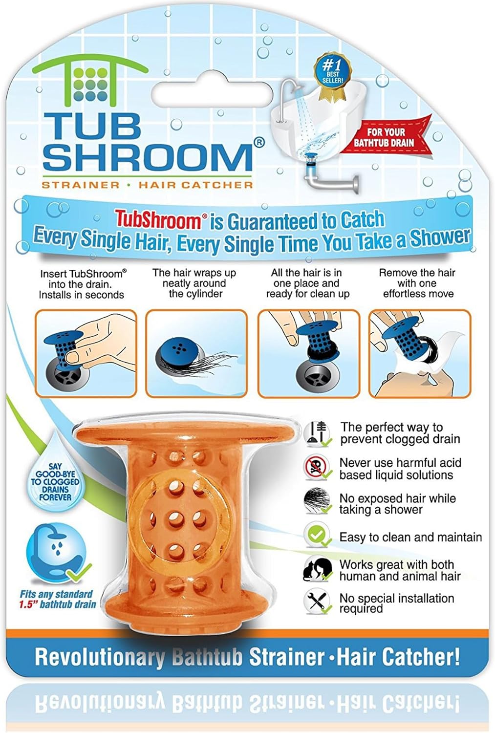 TubShroom Tub Hair Catcher Protector, Fits 1.5" - 1.75" Drain, Orange