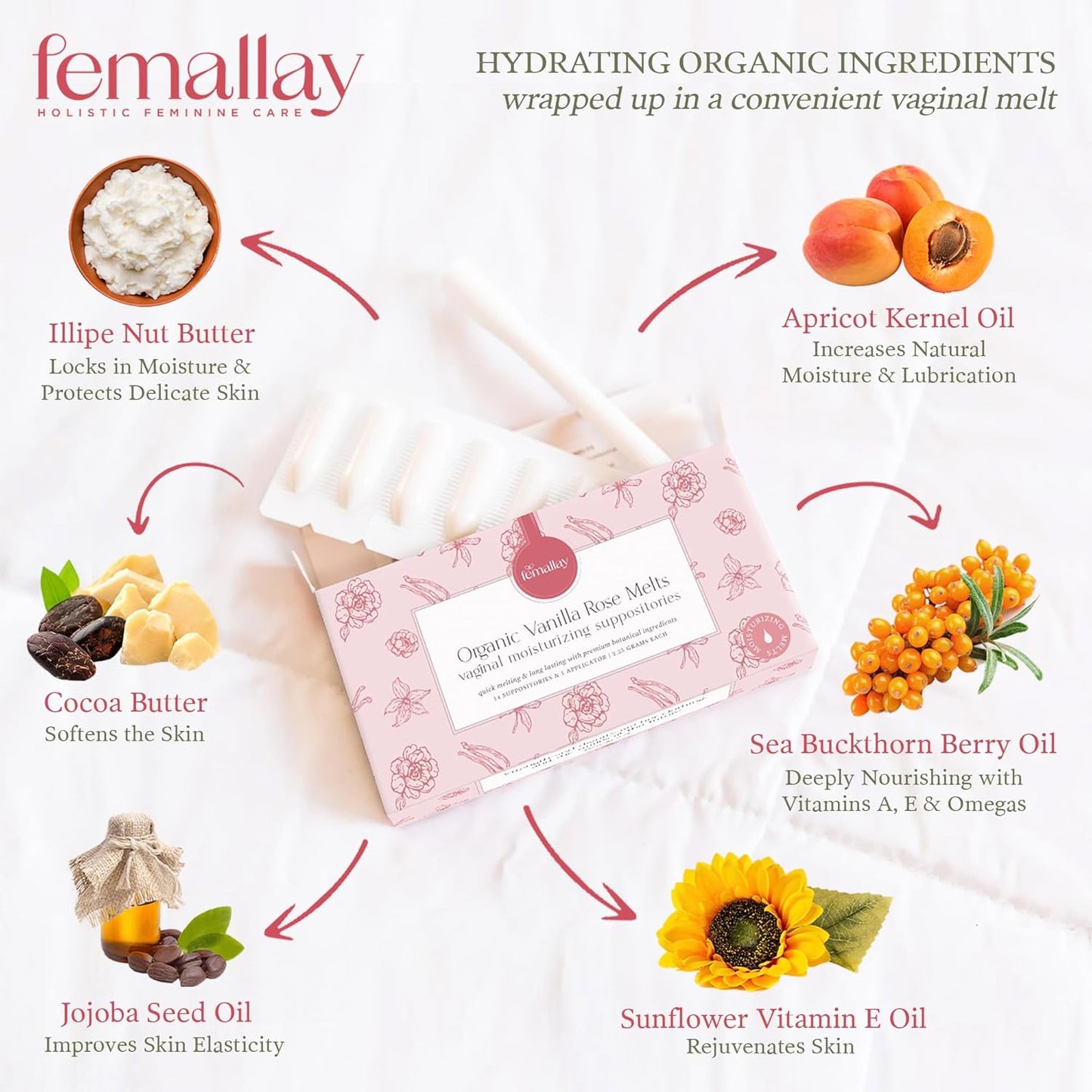 Femallay Organic Vaginal Moisturizing Suppositories – Rose 2 Pack – 100% Natural Relief for Dryness, Odor & Daily Feminine Discomfort – 14 Count + Applicator