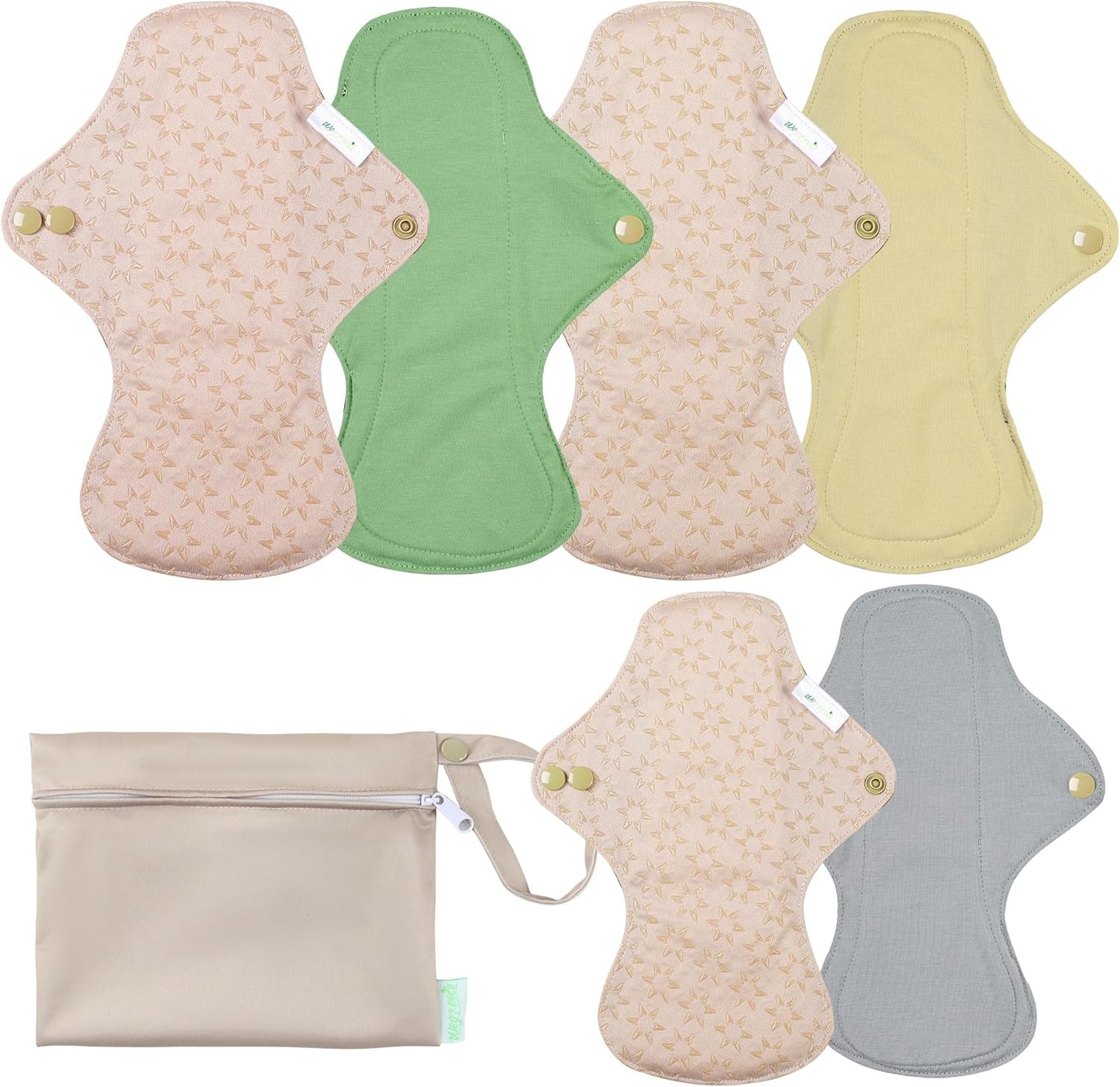 wegreeco 6 Pcs Reusable Menstrual Pads, Ultra Absorbent Cloth Pads for Heavy Flow, Sanitary for Teens, Women, Nonslip, Inner Mustard Yellow, Grey, Beige, Rose Gold Outer, M