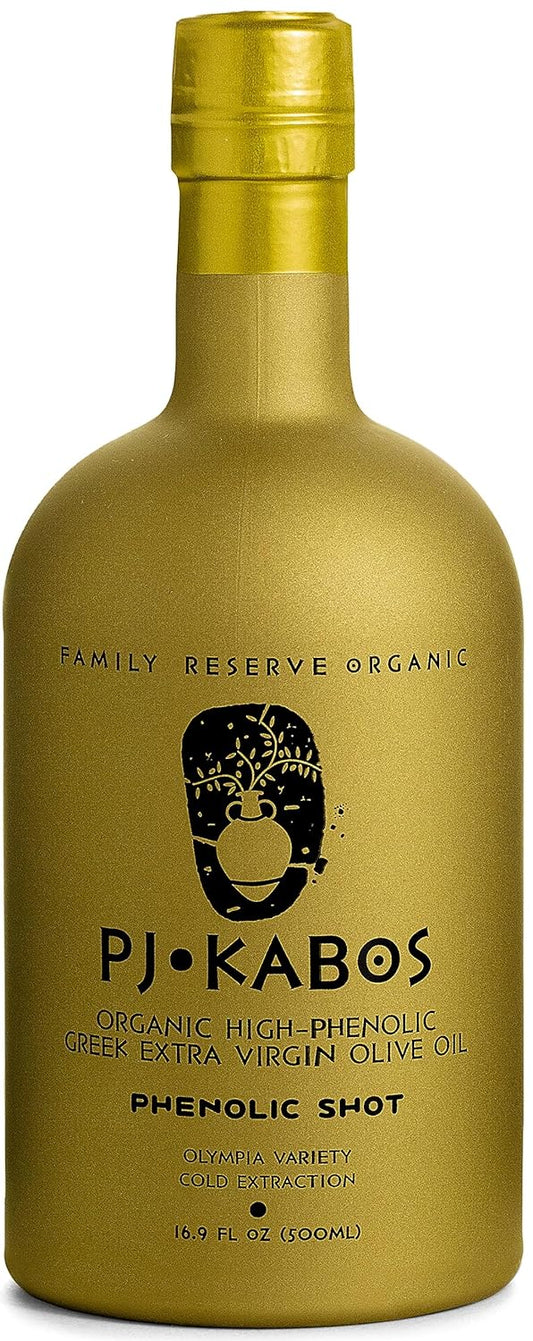 P.J. KABOS 2024/25 Harvest, Extremely High Phenolic (1000+ mg/kg), USDA Organic Greek Extra Virgin Olive Oil, Kosher, Cold Extracted, 16.9oz Bottle, PJ KABOS “Family Reserve Organic - Phenolic Shot”