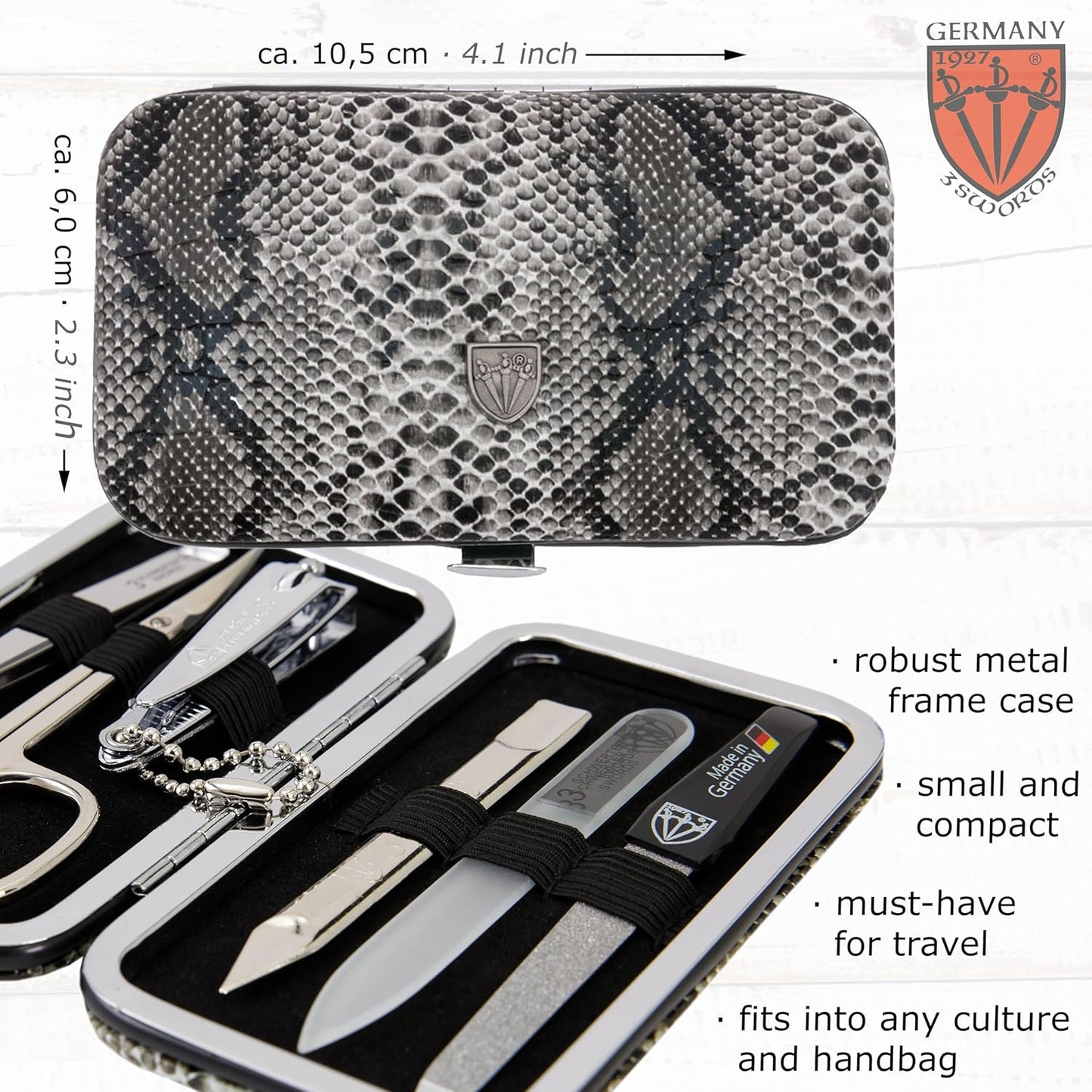3 Swords Germany - Brand Quality 6 Piece Manicure Pedicure Grooming kit Set - Scissors, Metal and Glass Nail File, Clipper, Tweezers with Synthetic Leather case - Snake