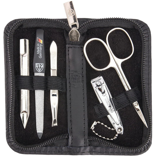 3 Swords Germany - brand quality 5 piece manicure pedicure grooming kit set for professional finger & toe nail care scissors clipper genuine leather black case in gift box, Made in Germany