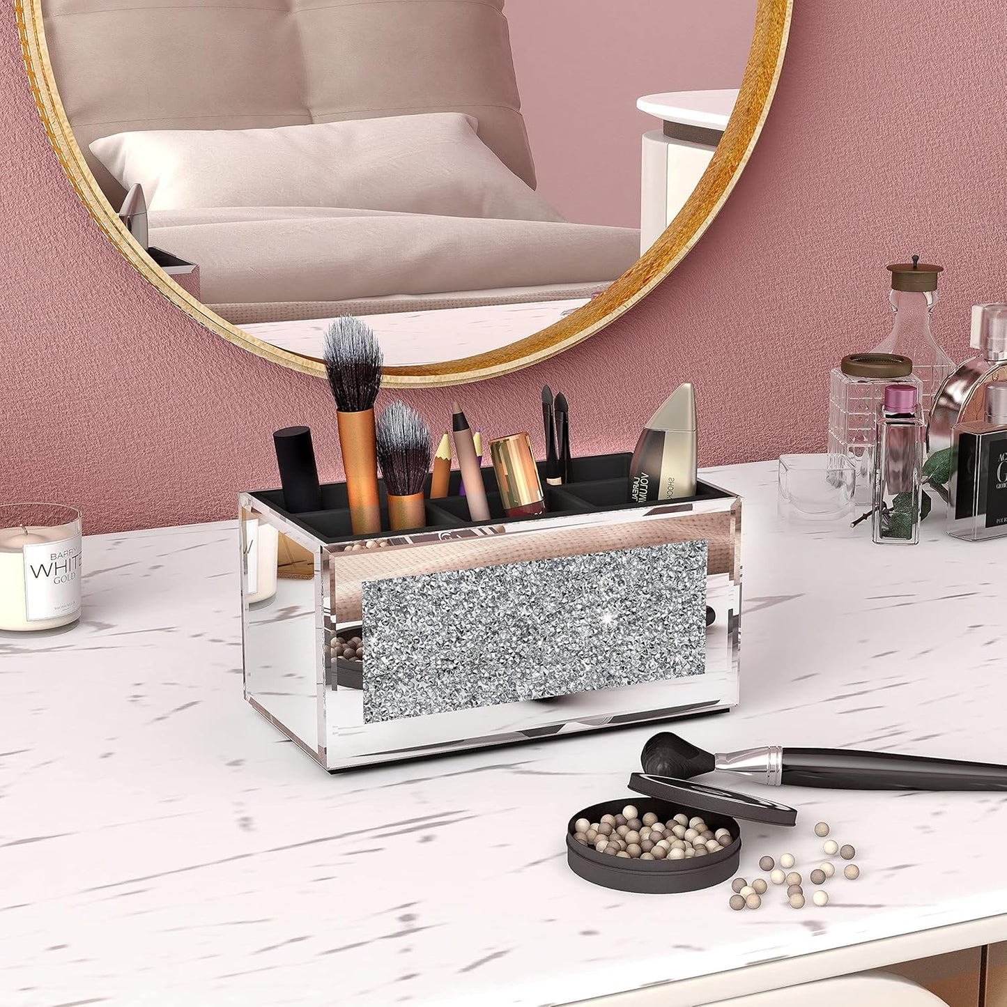 SHYFOY Makeup Brush Holder Organizer with Crushed Diamond 6 Slot Mirrored Make up Cosmetics Organizers and Storage for Vanity Countertop
