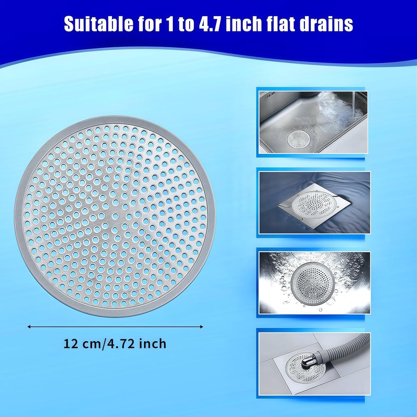 Shower Drain Hair Catcher,2Pcs,4.72'',Flat Drain Hair Catcher,Shower Drain Cover/Filter, Bathroom/Kitchen Sink Drain Strainer,Stainless Steel and TPE