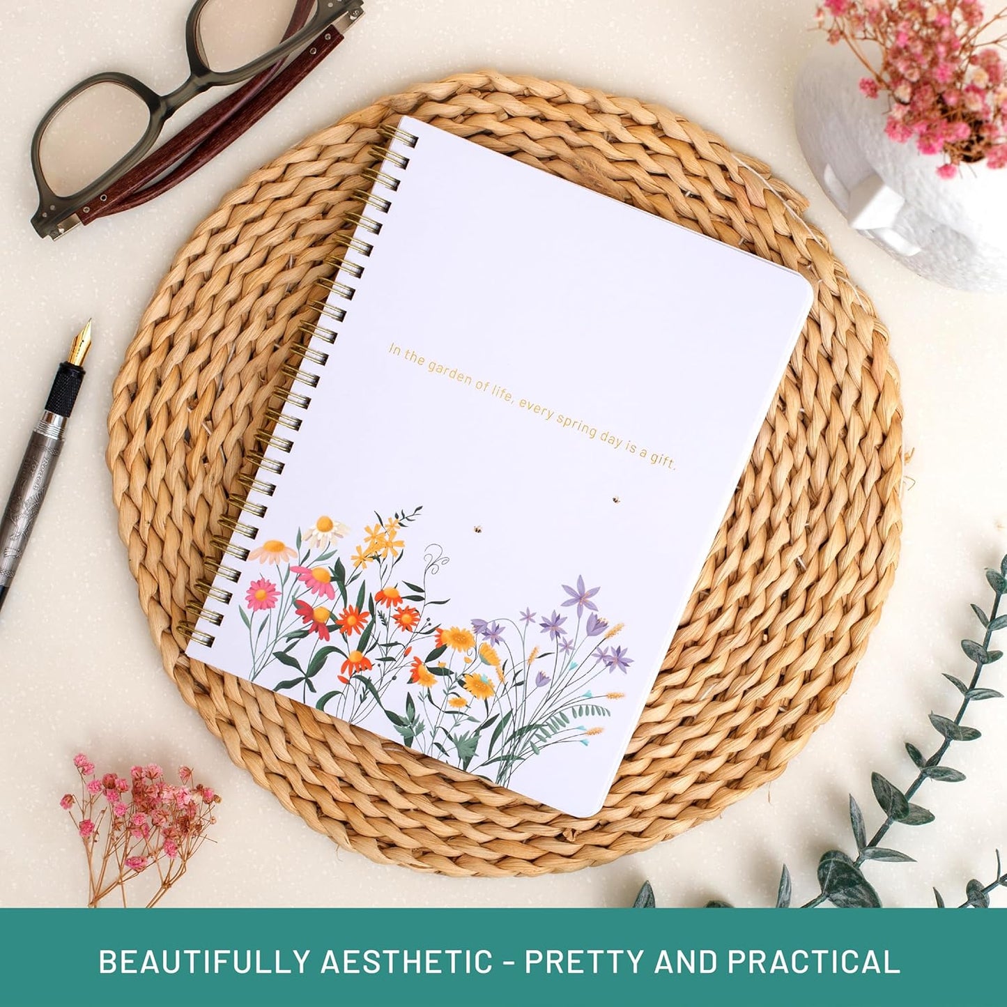 Happy Hoos® Aesthetic Spiral Notebook - 6.25" x 8.25" College Ruled Journal Notebook - Hard Cover Writing Journal for Work, School, Travel, More - Floral Notebook 8 Seasonal Designs (Spring Meadow)