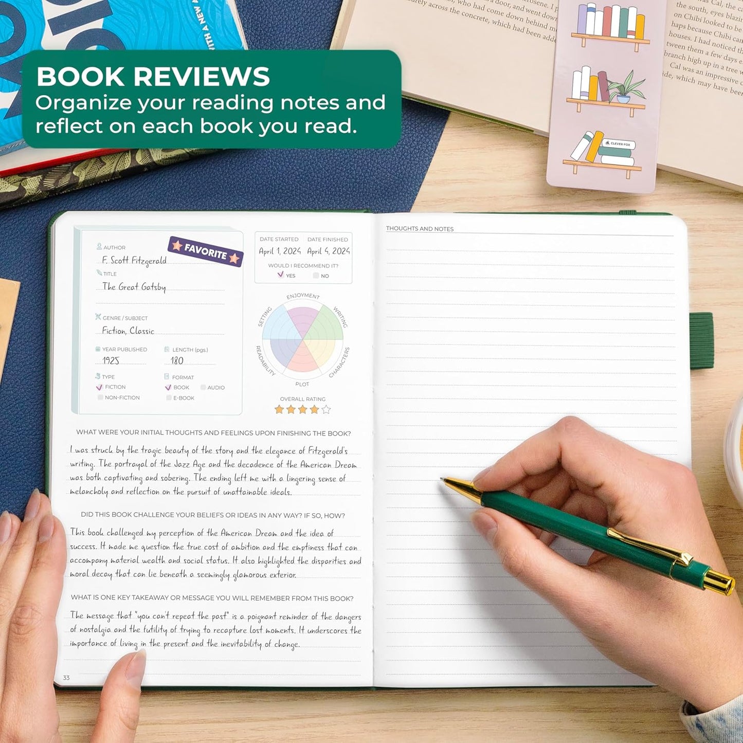 Clever Fox Reading Journal Premium – Review Log Notebook with Reading Tracker – Gifts & Accessories for Book Lovers, Adults & Kids (Forest Green)