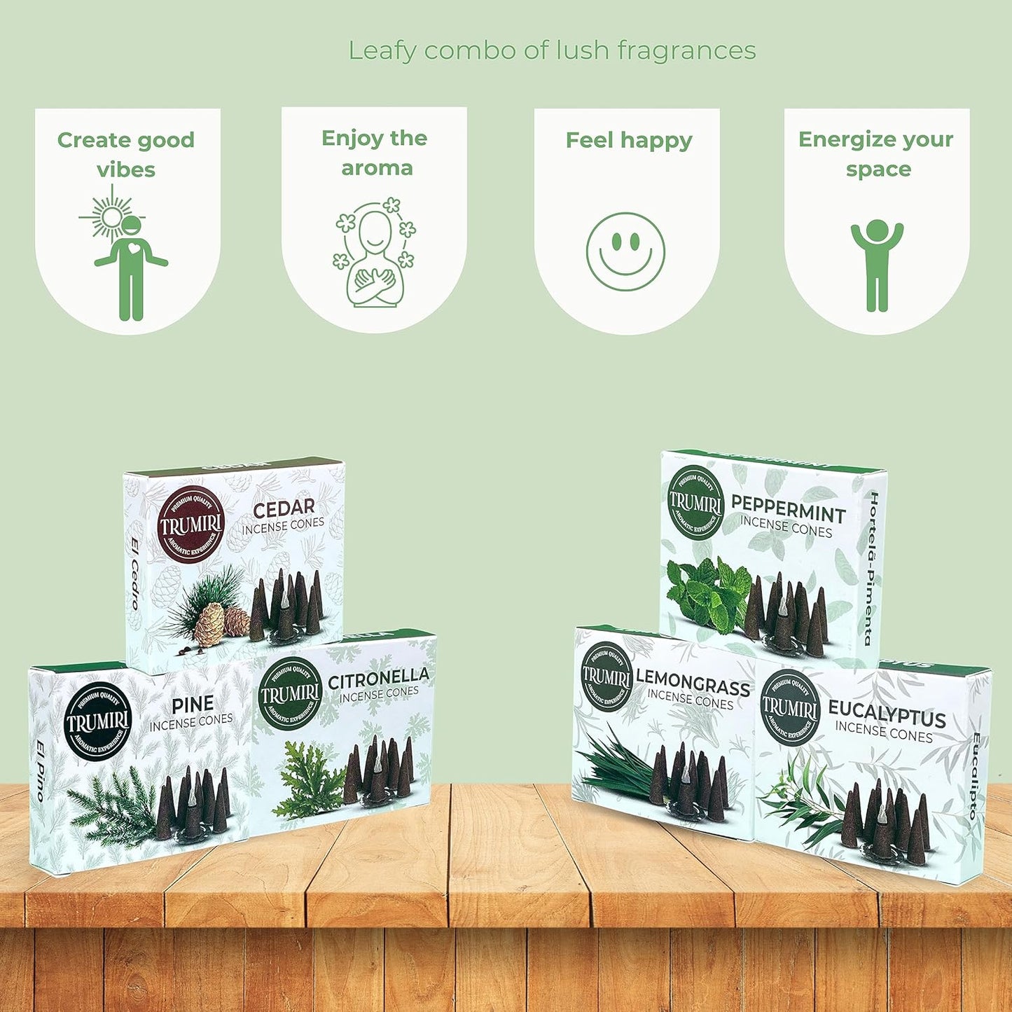 TRUMIRI Leafy Incense Cones - Variety Pack - Total 60 Cone Incense (6 Scents x 10 Conos) - Citronella Lemongrass Eucalyptus Peppermint Cedar Pine - Cone Incense Scents - Insense Cones - Incent Cone