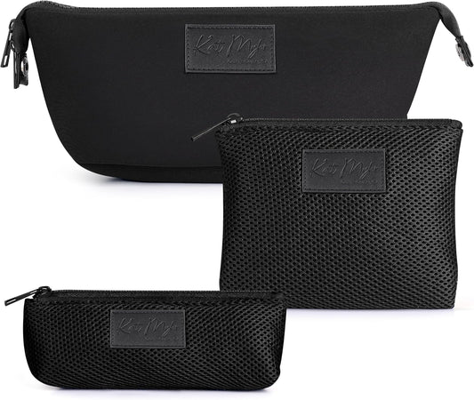 Kat Myhr Neoprene Washable Travel Makeup & Cosmetic Bag Set, 2 Air Mesh Pouches,100% Neoprene Toiletry Bag, Large Water Resistant Travel Bag for Toiletries, Makeup Cosmetic Travel Bag (Jet Black)