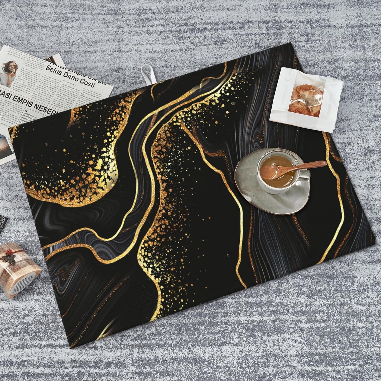 Black Gold Kitchen Drying Mat Marble Texture Dish Drainer Mat for Kitchen Counter 18x24 Inch Microfiber Absorbent Reusable Washable Modern Drying Pad Black Gold Coffee Bar Decor