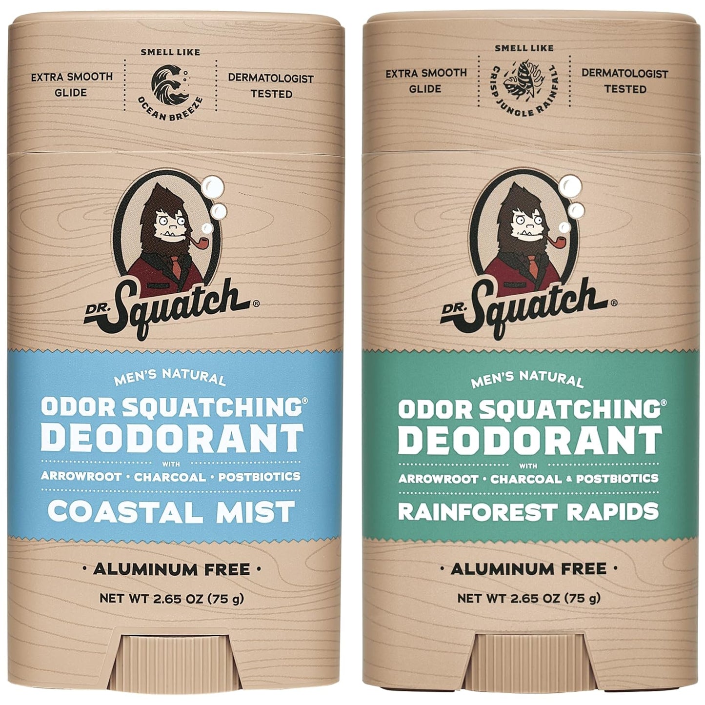 Dr. Squatch Natural Deodorant for Men - Odor-Squatching Aluminum Free - Coastal Mist & Rainforest Rapids (2.65 oz, 2-Pack)