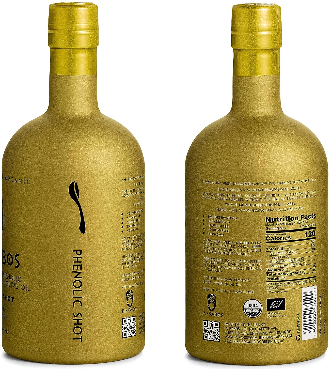 P.J. KABOS 2024/25 Harvest, Extremely High Phenolic (1000+ mg/kg), USDA Organic Greek Extra Virgin Olive Oil, Kosher, Cold Extracted, 16.9oz Bottle, PJ KABOS “Family Reserve Organic - Phenolic Shot”