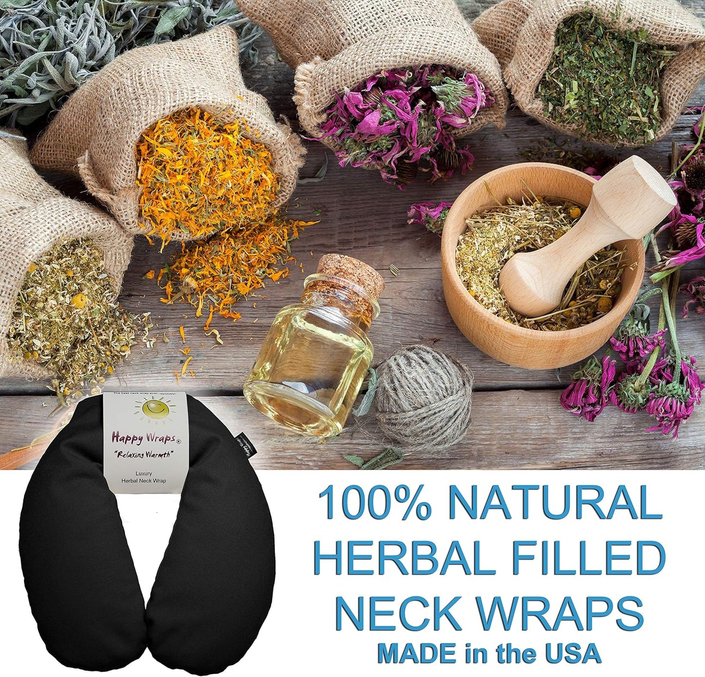 Microwavable Herbal Neck Wrap - Hot Cold Aromatherapy Neck Warming Pillow - Heating Pad for Migraines, Stress, Gifts for Women, Birthdays, Christmas and Free Sleep Mask - Black