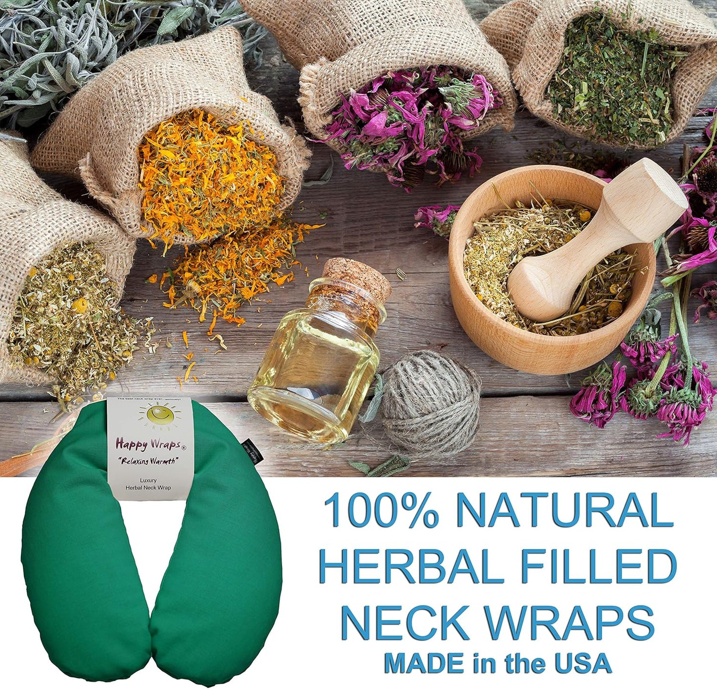 Microwavable Herbal Neck Wrap - Hot Cold Aromatherapy Neck Warming Pillow - Heating Pad for Migraines, Stress, Gifts for Women, Birthdays, Christmas and Free Sleep Mask - Green